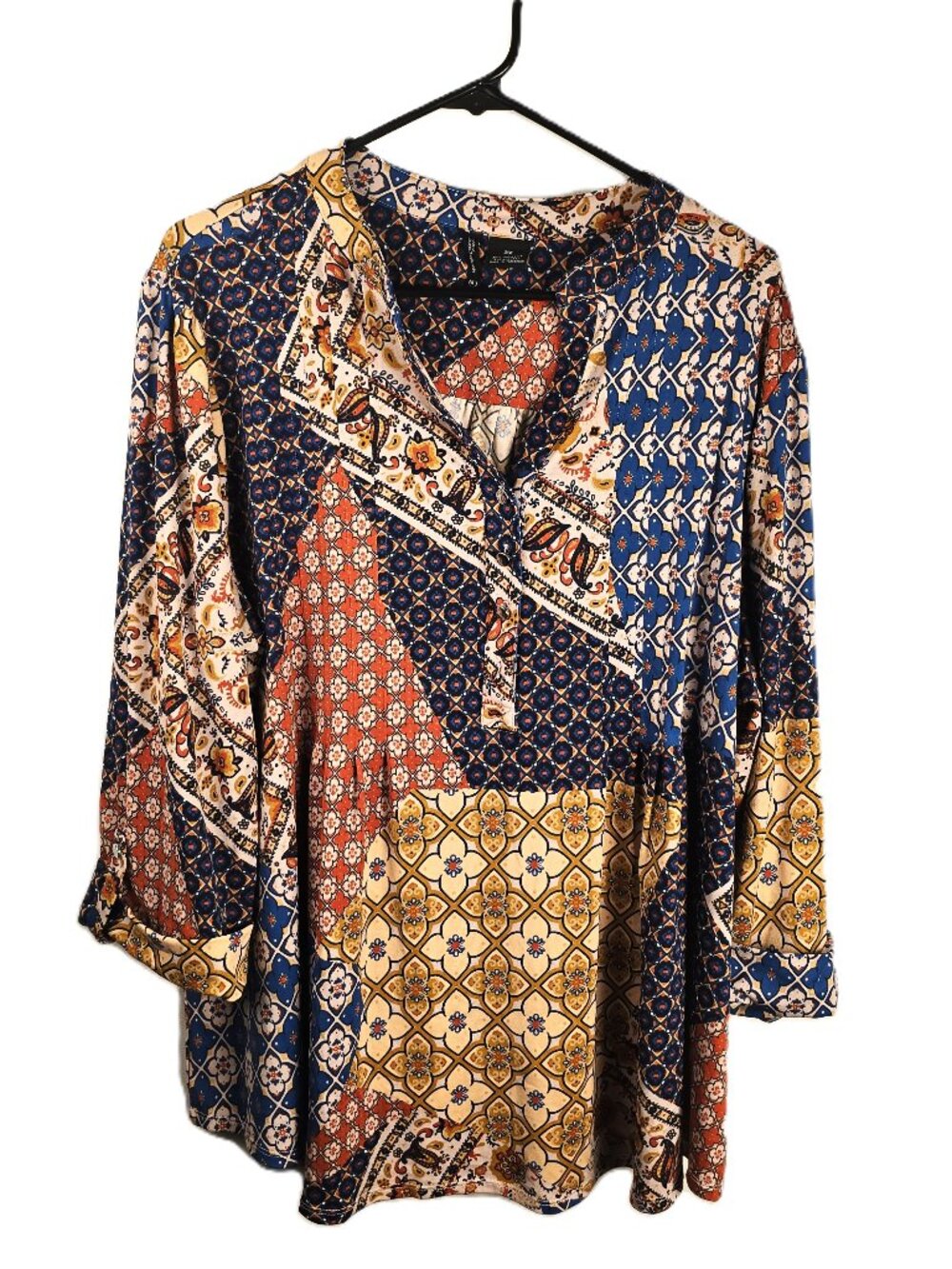 New Directions Curvy Womens Tunic Top 3X Patchwork Floral Roll-Tab Sleeves Flaw